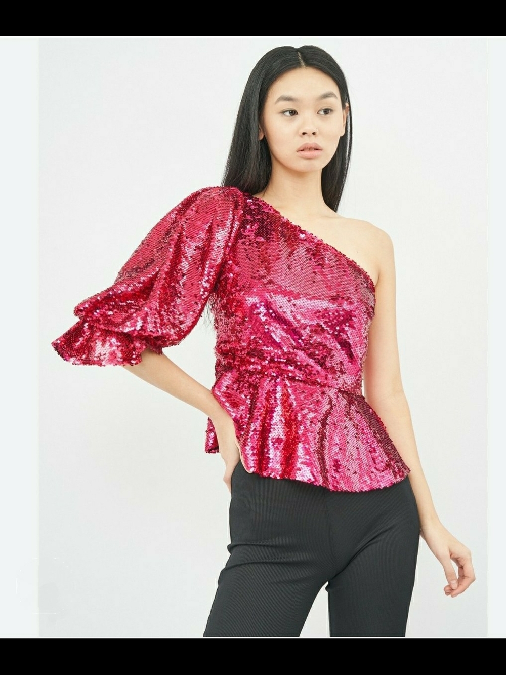 Zara Limited Edition Fuchsia One-Shoulder Sequin Peplum Top Size XS